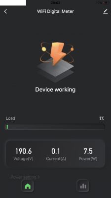 WiFi digital meter app screen displaying voltage 190.6V, current 0.1A, and power 7.5W.