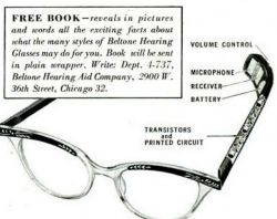 Diagram of glasses with built-in Beltone hearing aid.