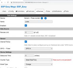 Screenshot of ESP Easy Mega settings on the Devices tab with configuration for a pulse counter.