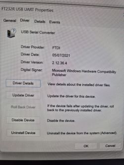 FT232R USB UART properties window showing details for FTDI driver installation.