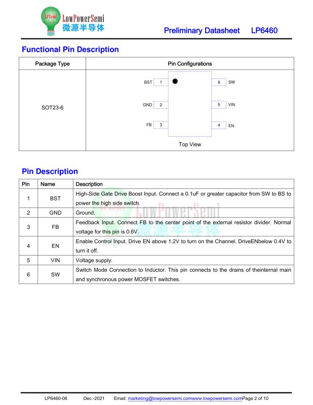 Pinout diagram and pin function table for LP6460 in SOT23-6 package