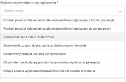 Lista rozwijana z opcjami zgłoszenia reklamacyjnego na stronie internetowej.