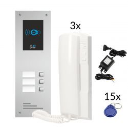 Zestaw domofonowy z panelem RFID, trzema słuchawkami, zasilaczem i piętnastoma brelokami.