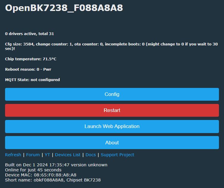 OpenBK7238 control panel with configuration, restart, and web application launch buttons.