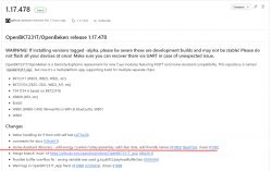 Screenshot of OpenBK7231T/OpenBeken release 1.17.478 listing changes and developer version warnings.