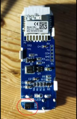 The image shows a circuit board of an IoT device with electronic components, including a Sensylink CHT8310 sensor.