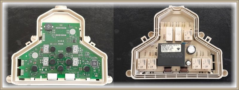 Dwa widoki płytki PCB w plastikowej obudowie, z elektroniką i przekaźnikami