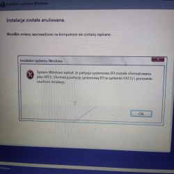 Komunikat błędu instalatora Windows dotyczący partycji EFI sformatowanej jako NTFS