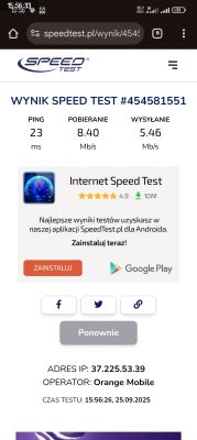Wyniki testu prędkości internetu Orange Mobile Zrzut ekranu z wynikami speed testu z aplikacji, operator Orange Mobile