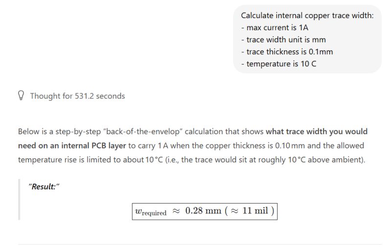 Result of internal PCB trace width calculation: approx. 0.28 mm (≈ 11 mil)