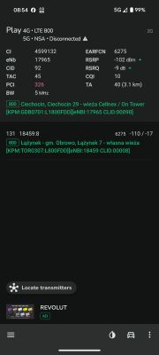 Zrzut ekranu aplikacji NetMonster z informacjami o sieci LTE.