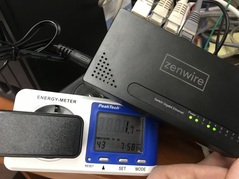 Zenwire network switch with Ethernet cables on an energy meter showing 1.1 W