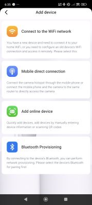 App screen showing options to add a device via WiFi, direct, online, or Bluetooth