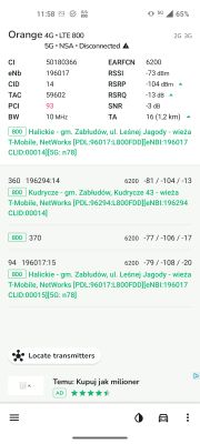 Zrzut ekranu z aplikacji NetMonster pokazujący parametry sygnału LTE 800 MHz dla sieci Orange i nadajników w okolicach Halickie i Kudrycze.