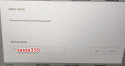 Komunikat „Admin Unlock” z błędem hasła na ekranie komputera