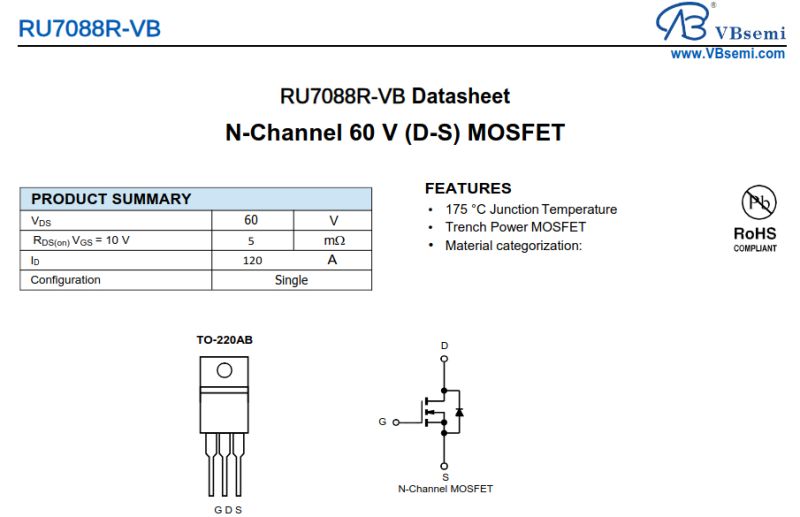 Fragment noty katalogowej RU7088R‑VB: MOSFET N‑kanałowy 60 V z tabelą parametrów i schematem wyprowadzeń