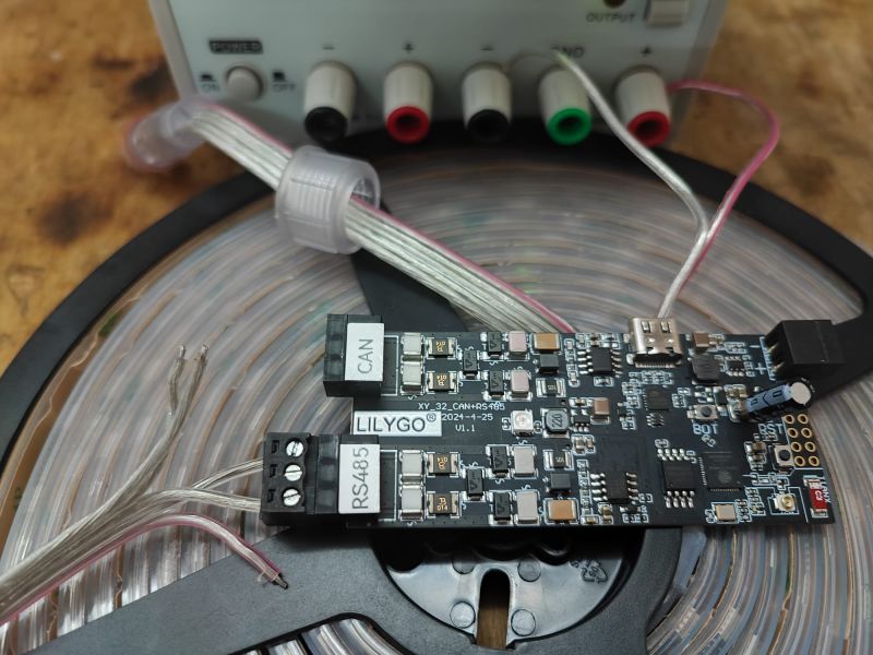 LilyGO T-CAN485 board connected to RGBW LED strip and lab power supply