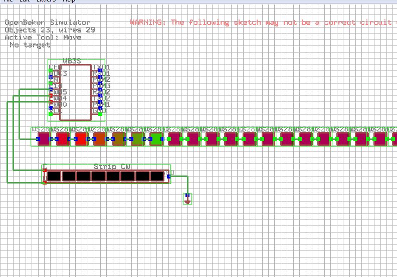 Screenshot from OpenBeacon simulator showing a circuit on a grid.