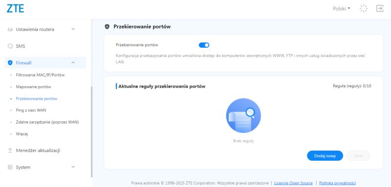 Interfejs ZTE z włączoną funkcją przekierowania portów i brakiem reguł