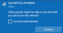 Wi-Fi connection window for a network named OpenBK7252_8C428848 with information on data visibility.