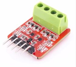 Red audio module PCB with green screw terminal and pin header on the left