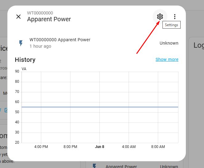 Entity detail screen with highlighted settings in Home Assistant Screenshot of a Home Assistant entity card showing a graph and the settings button highlighted.