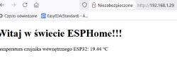 Browser screenshot showing “Witaj w świecie ESPHome!!!” and ESP32 internal sensor temperature: 19.44 °C