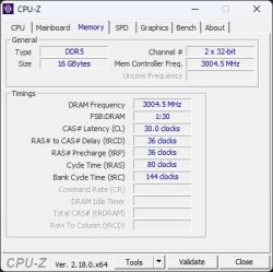 Zrzut ekranu z programu CPU-Z pokazujący parametry pamięci DDR5 16 GB