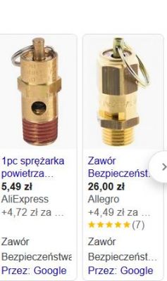 Dwa różne zawory bezpieczeństwa do sprężarki powietrza.