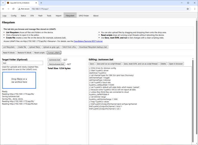 OpenBeken filesystem interface with autoexec.bat script being edited