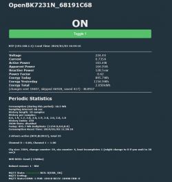 Screenshot showing the user interface for OpenBK7231N_68191C68 with status ON.