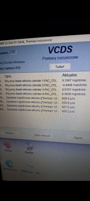 Zrzut ekranu systemu VCDS z wynikami pomiarów dotyczących wtrysków cylindrów.