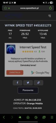 Zrzut ekranu z testem prędkości internetu Orange Mobile: 26,92 Mb/s pobieranie, 13,46 Mb/s wysyłanie