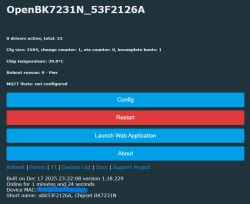 Control panel of OpenBK7231N device with setup and restart buttons