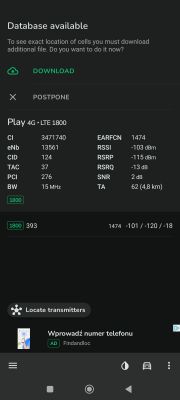 Zrzut ekranu z aplikacji NetMonster pokazujący szczegóły połączenia LTE 1800 sieci Play, w tym parametry sygnału i lokalizacji.