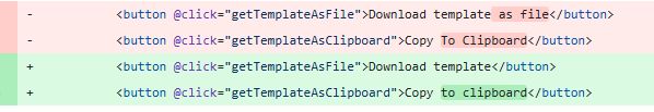 Code diff showing HTML buttons for downloading and copying a template