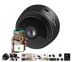 Mini Wi-Fi camera with smartphone app showing live footage