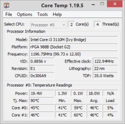 Zrzut ekranu programu Core Temp z informacjami o procesorze Intel Core i3-3110M