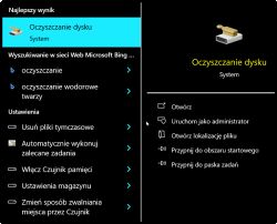 Wynik wyszukiwania „Oczyszczanie dysku” w systemie Windows z opcjami uruchomienia