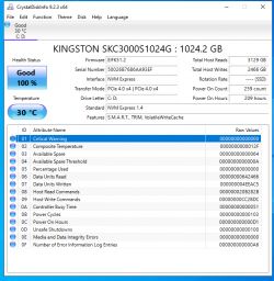 Zrzut ekranu programu CrystalDiskInfo pokazujący stan dysku Kingston SKC3000S1024G.