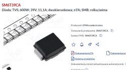 Zrzut ekranu oferty SM6T39CA z rysunkiem taśmy i zdjęciem czarnej diody SMD