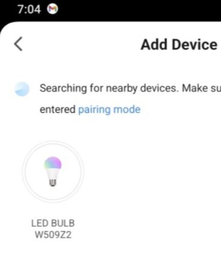 App screen showing LED BULB W509Z2 being searched for in pairing mode