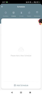 Schedule Screen of Tuya App Tuya app screen with Schedule section awaiting the addition of a new schedule.