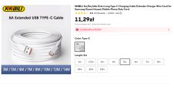 Zrzut ekranu oferty AliExpress: zwinięty biały kabel USB‑A do USB‑C, opcje długości i cena 11,29 zł