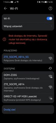 Zrzut ekranu ustawień Wi-Fi na smartfonie, pokazujący brak dostępu do Internetu.