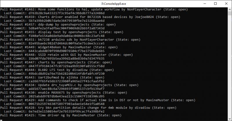 List of Pull Requests in Console Application Screenshot of a console application showing a list of GitHub pull requests.