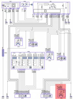 Schemat elektryczny podnośników szyb z zaznaczonym modułem 6005 w prawych drzwiach