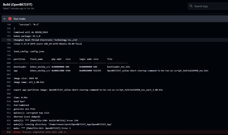 Screenshot of compilation logs for the OpenBK7231T project in Ubuntu environment, ending with an error.