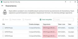 Zrzut ekranu z programu Kaspersky Internet Security pokazujący pliki w kwarantannie.