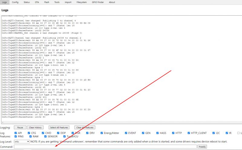 OpenBeken Logs for TuyaMCU with dpID Screenshot of OpenBeken logs for TuyaMCU with commands and dpID identifiers.